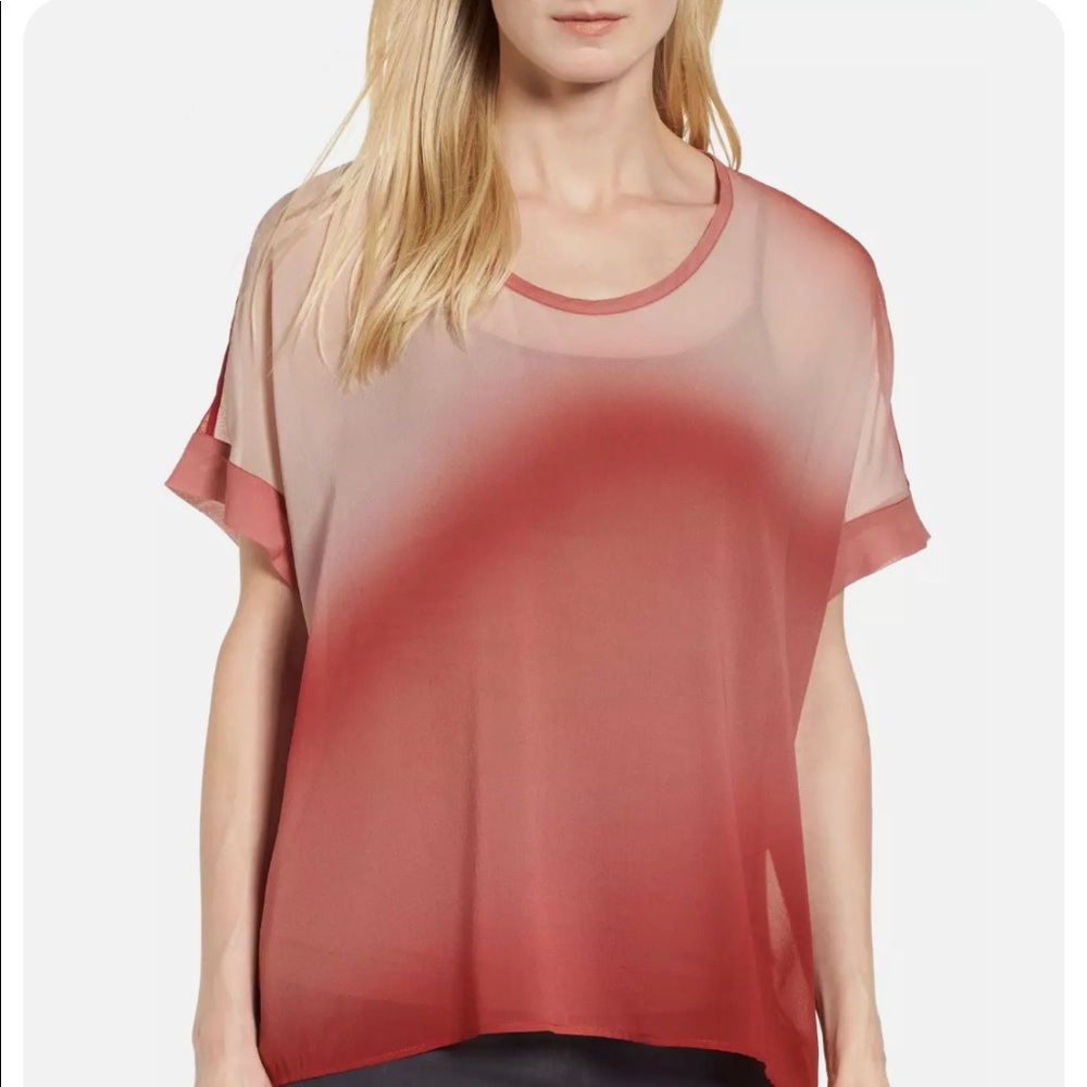 Eileen Fisher 100% Silk Ombre Short Sleeve Top Red Large Office